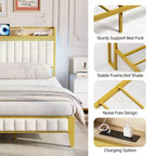 Cadre de lit rembourré avec lumières LED | Station de charge USB et rangement | Design blanc et or | Lattes métalliques silencieuses | Assemblage facile