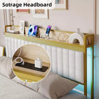 Cadre de lit rembourré avec lumières LED | Station de charge USB et rangement | Design blanc et or | Lattes métalliques silencieuses | Assemblage facile