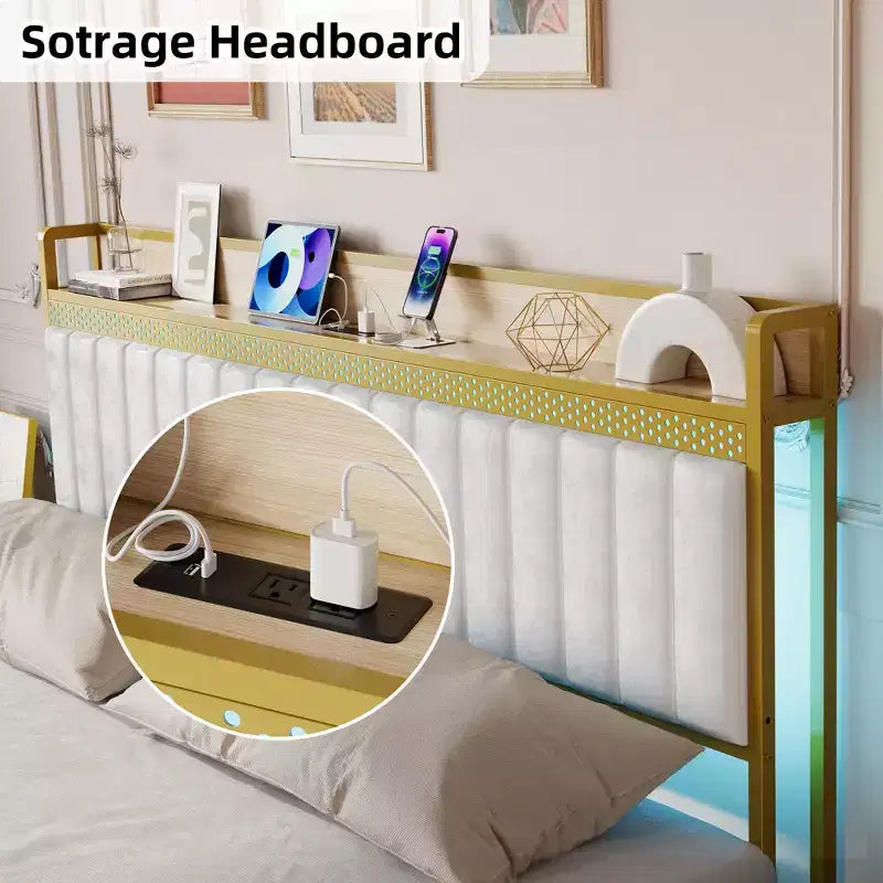 Cadre de lit rembourré avec lumières LED | Station de charge USB et rangement | Design blanc et or | Lattes métalliques silencieuses | Assemblage facile