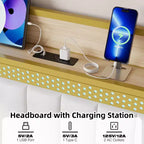 Cadre de lit rembourré avec lumières LED | Station de charge USB et rangement | Design blanc et or | Lattes métalliques silencieuses | Assemblage facile