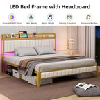 Cadre de lit rembourré avec lumières LED | Station de charge USB et rangement | Design blanc et or | Lattes métalliques silencieuses | Assemblage facile