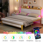 Cadre de lit rembourré avec lumières LED | Station de charge USB et rangement | Design blanc et or | Lattes métalliques silencieuses | Assemblage facile