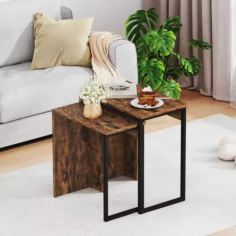 Costway Lot de 2 tables basses gigognes 2-en-1, plateau en faux bois, table d'appoint pour canapé, marron rustique