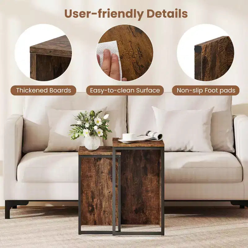 Costway Lot de 2 tables basses gigognes 2-en-1, plateau en faux bois, table d'appoint pour canapé, marron rustique