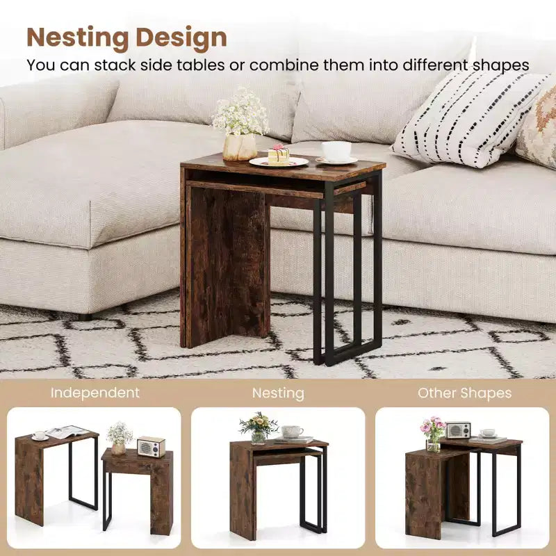 Costway Lot de 2 tables basses gigognes 2-en-1, plateau en faux bois, table d'appoint pour canapé, marron rustique