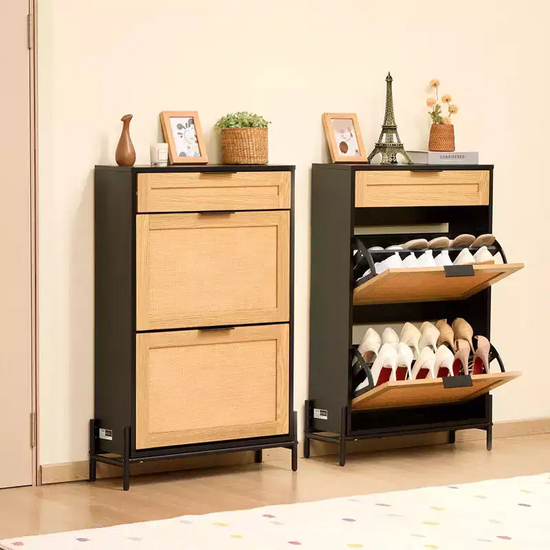 Meuble à Chaussures en Rotin VEVOR, avec 2 Tiroirs Basculants en Rotin et 1 Tiroir Coulissant, Pieds en Métal, Meuble à Chaussures Mince pour Entrée, Placard, Couloir, Noir