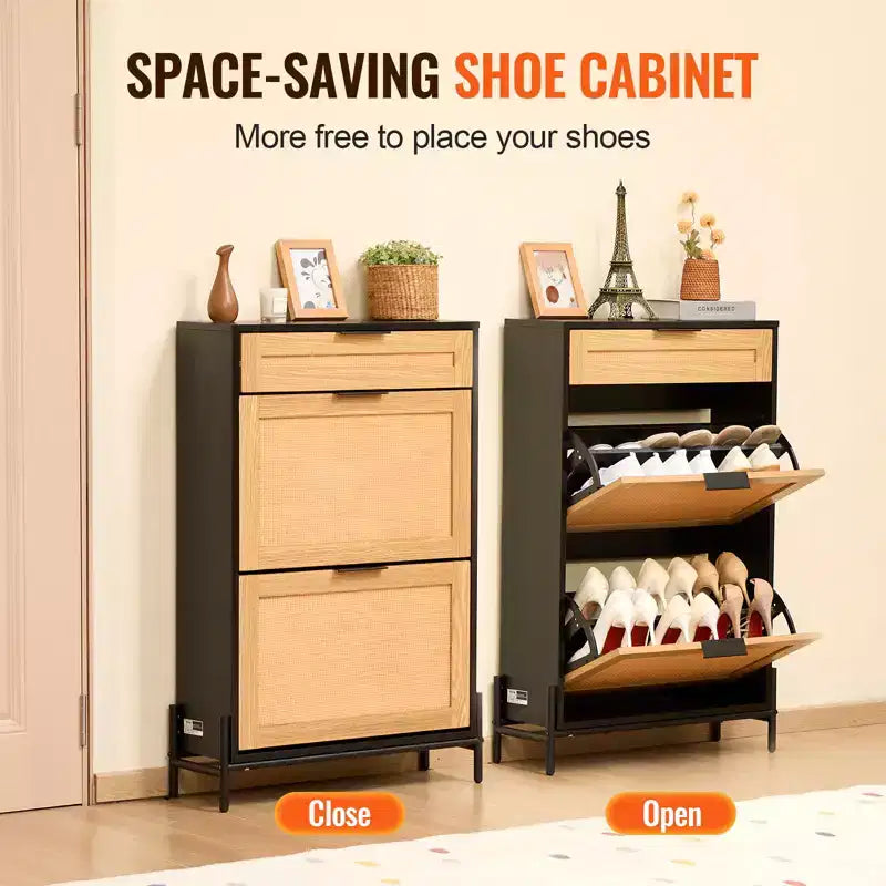 Meuble à Chaussures en Rotin VEVOR, avec 2 Tiroirs Basculants en Rotin et 1 Tiroir Coulissant, Pieds en Métal, Meuble à Chaussures Mince pour Entrée, Placard, Couloir, Noir
