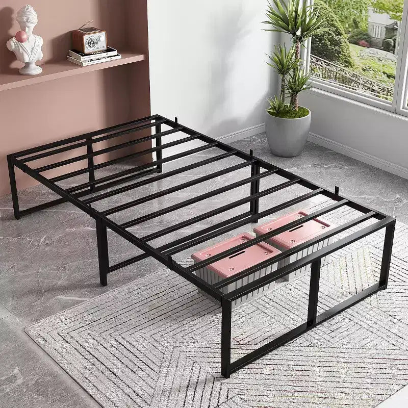 Cadre de Lit Plateforme en Métal Robuste de 14 Pouces, Solide et Silencieux, Pas Besoin de Sommier, Grand Espace de Rangement Sous le Lit, Montage Facile, Noir