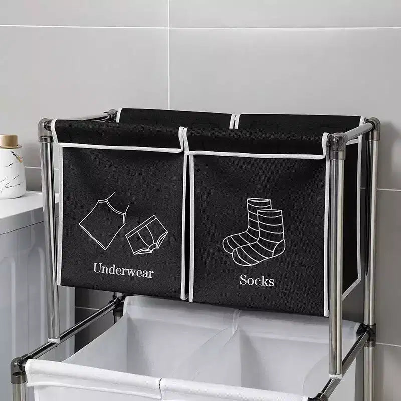 Panier à linge 2 niveaux avec 4 sacs amovibles pour organiser les vêtements, avec quatre roulettes, facile à déplacer, linge, clair, foncé