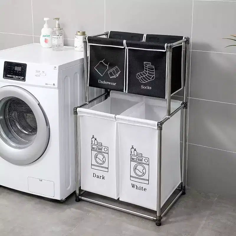 Panier à linge 2 niveaux avec 4 sacs amovibles pour organiser les vêtements, avec quatre roulettes, facile à déplacer, linge, clair, foncé