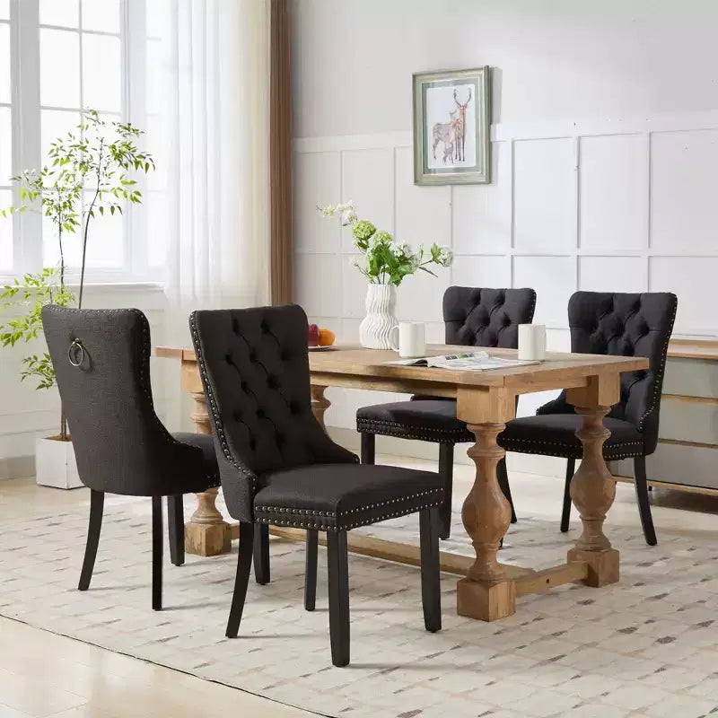 Okak Chaises de salle à manger modernes en lin, lot de 2, chaises en tissu confortables avec capitonnage haut de gamme, chaises d'appoint de cuisine avec pieds en bois massif et clous de tapissier