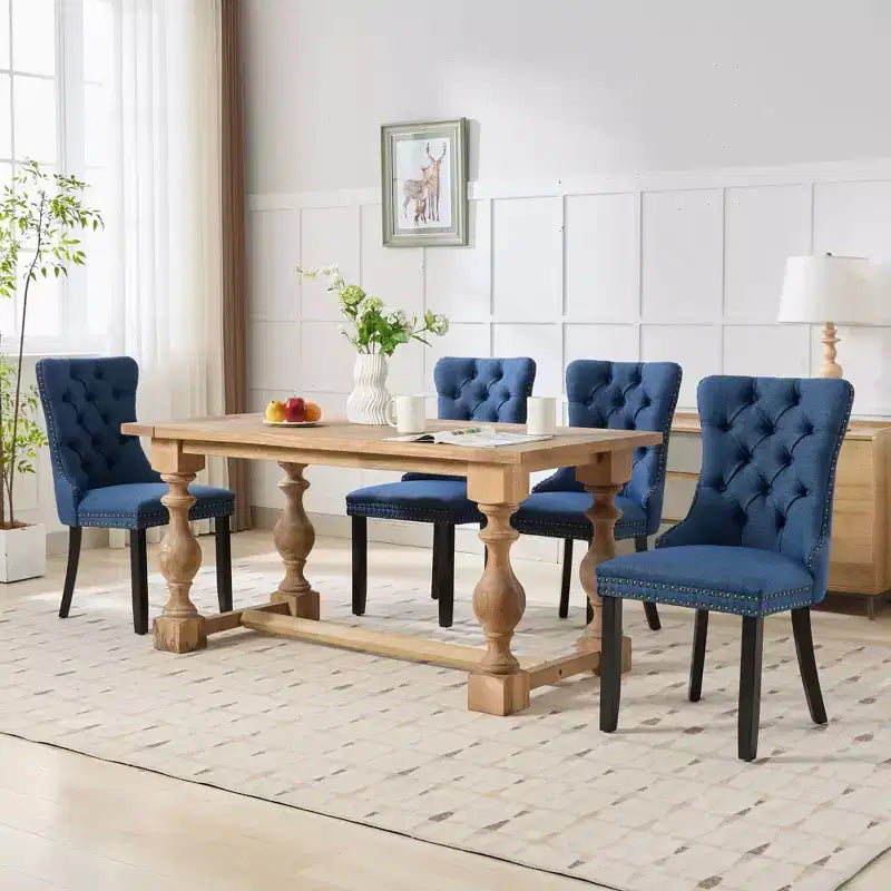 Okak Chaises de salle à manger modernes en lin, lot de 2, chaises en tissu confortables avec capitonnage haut de gamme, chaises d'appoint de cuisine avec pieds en bois massif et clous de tapissier