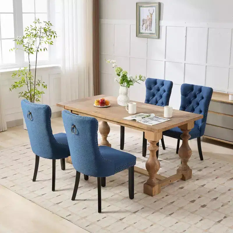 Okak Chaises de salle à manger modernes en lin, lot de 2, chaises en tissu confortables avec capitonnage haut de gamme, chaises d'appoint de cuisine avec pieds en bois massif et clous de tapissier
