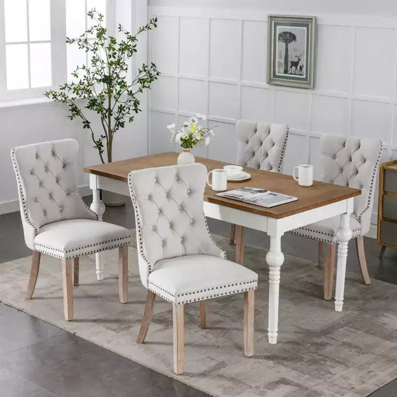 Okak Chaises de salle à manger modernes en lin, lot de 2, chaises en tissu confortables avec capitonnage haut de gamme, chaises d'appoint de cuisine avec pieds en bois massif et clous de tapissier