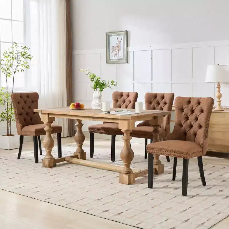 Okak Chaises de salle à manger modernes en lin, lot de 2, chaises en tissu confortables avec capitonnage haut de gamme, chaises d'appoint de cuisine avec pieds en bois massif et clous de tapissier