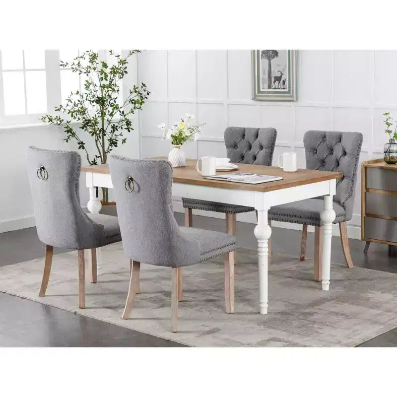 Okak Chaises de salle à manger modernes en lin, lot de 2, chaises en tissu confortables avec capitonnage haut de gamme, chaises d'appoint de cuisine avec pieds en bois massif et clous de tapissier