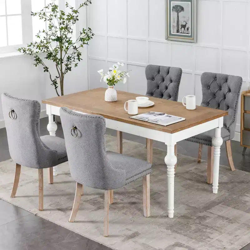 Okak Chaises de salle à manger modernes en lin, lot de 2, chaises en tissu confortables avec capitonnage haut de gamme, chaises d'appoint de cuisine avec pieds en bois massif et clous de tapissier