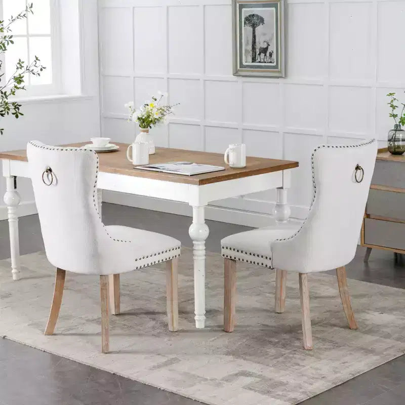 Okak Chaises de salle à manger modernes en lin, lot de 2, chaises en tissu confortables avec capitonnage haut de gamme, chaises d'appoint de cuisine avec pieds en bois massif et clous de tapissier