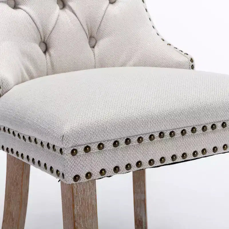 Okak Chaises de salle à manger modernes en lin, lot de 2, chaises en tissu confortables avec capitonnage haut de gamme, chaises d'appoint de cuisine avec pieds en bois massif et clous de tapissier