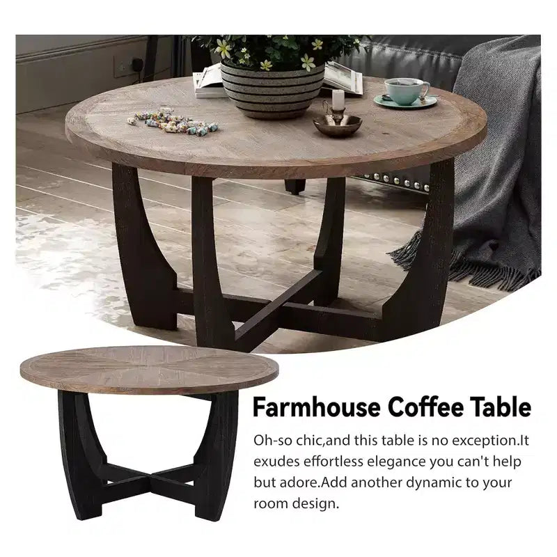 COZAYH Table basse ronde rustique avec base entrecroisée pour salon, fabriquée en bois manufacturé massif et supportant jusqu'à 9,5 kg