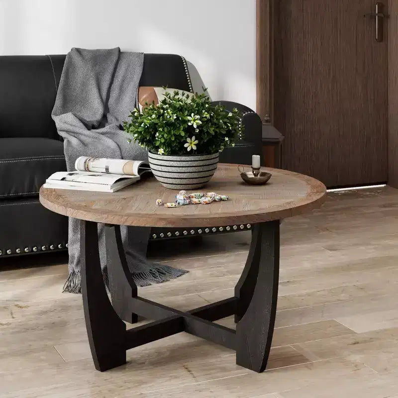COZAYH Table basse ronde rustique avec base entrecroisée pour salon, fabriquée en bois manufacturé massif et supportant jusqu'à 9,5 kg