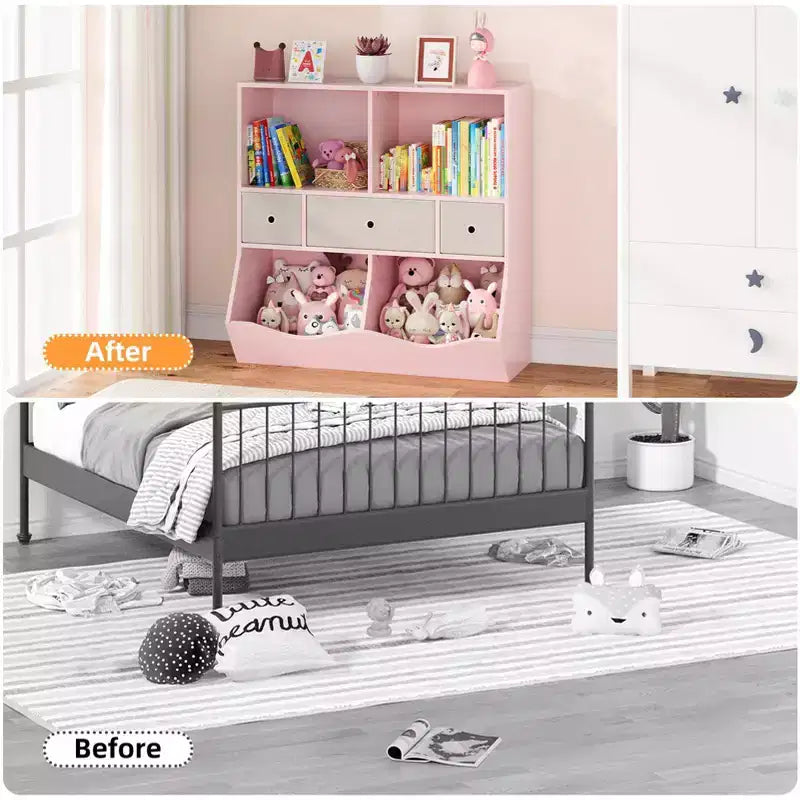 Étagère à livres et rangement de jouets pour enfants GustoWave, étagère à livres à 4 compartiments pour la décoration des chambres d'enfants, organisateur de jouets en bois à 3 niveaux avec bibliothèque, blanc