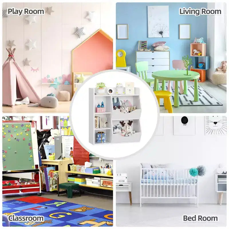 GustoWave Bibliothèque pour enfants à 3 niveaux – Présentoirs à livres pour tout-petits pour salles de classe, salles de jeux, bibliothèque à 5 compartiments et étagère à jouets pour chambre, salon
