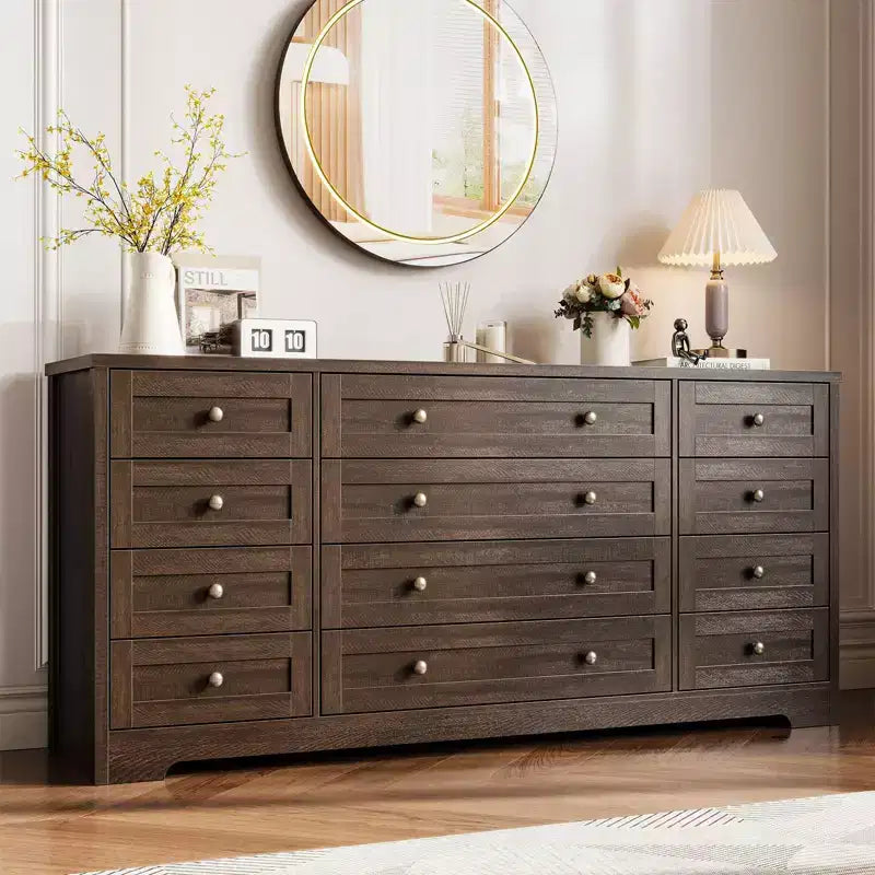 Commode 12 tiroirs en bois pour chambre à coucher, meuble TV large et moderne pour téléviseur 65 pouces, commode en bois, rangement de vêtements style ferme pour salon