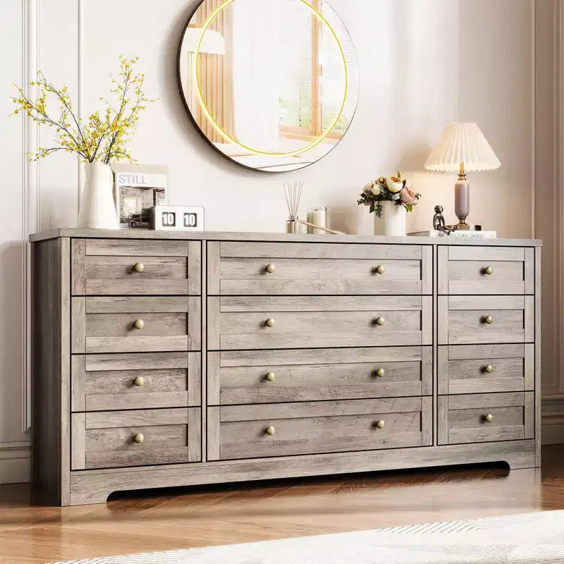 Commode 12 tiroirs en bois pour chambre à coucher, meuble TV large et moderne pour téléviseur 65 pouces, commode en bois, rangement de vêtements style ferme pour salon