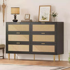 Natural Rattan 6-Drawer Dresser with Gold Legs & Handles, Wide Storage Chest for Bedroom or Living Room, Anti-Tip Design & Large Top Surface