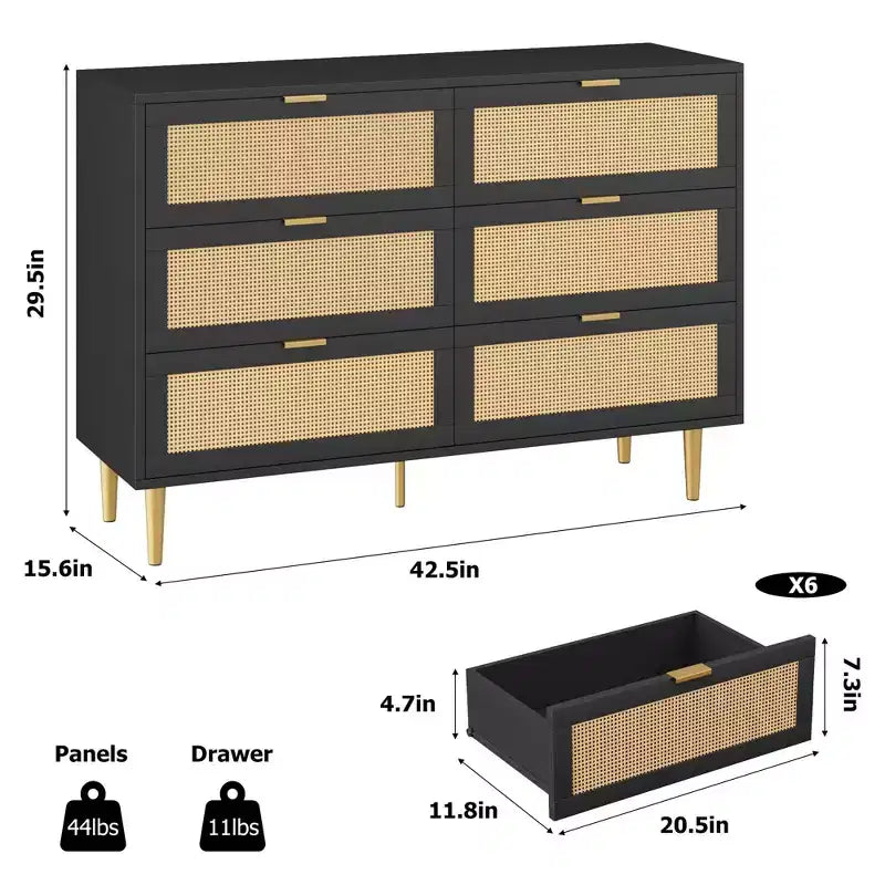 Commode 6 tiroirs en rotin naturel avec pieds et poignées dorés, grand meuble de rangement pour chambre ou salon, dispositif anti-basculement et grande surface supérieure