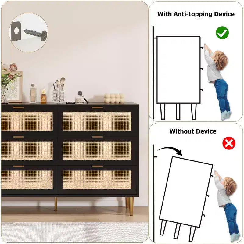 Commode 6 tiroirs en rotin naturel avec pieds et poignées dorés, grand meuble de rangement pour chambre ou salon, dispositif anti-basculement et grande surface supérieure