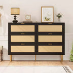 Commode 6 tiroirs en rotin naturel avec pieds et poignées dorés, grand meuble de rangement pour chambre ou salon, dispositif anti-basculement et grande surface supérieure