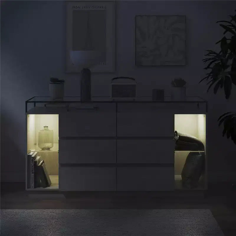 Commode 6 tiroirs Devon RealRooms avec lumières LED et plateau en verre