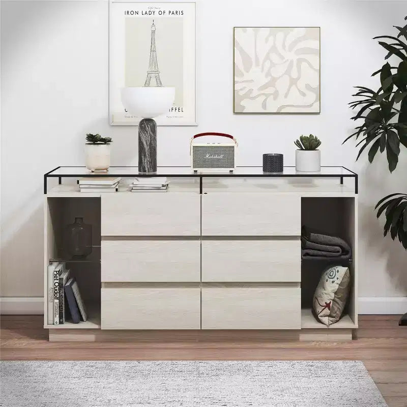 Commode 6 tiroirs Devon RealRooms avec lumières LED et plateau en verre