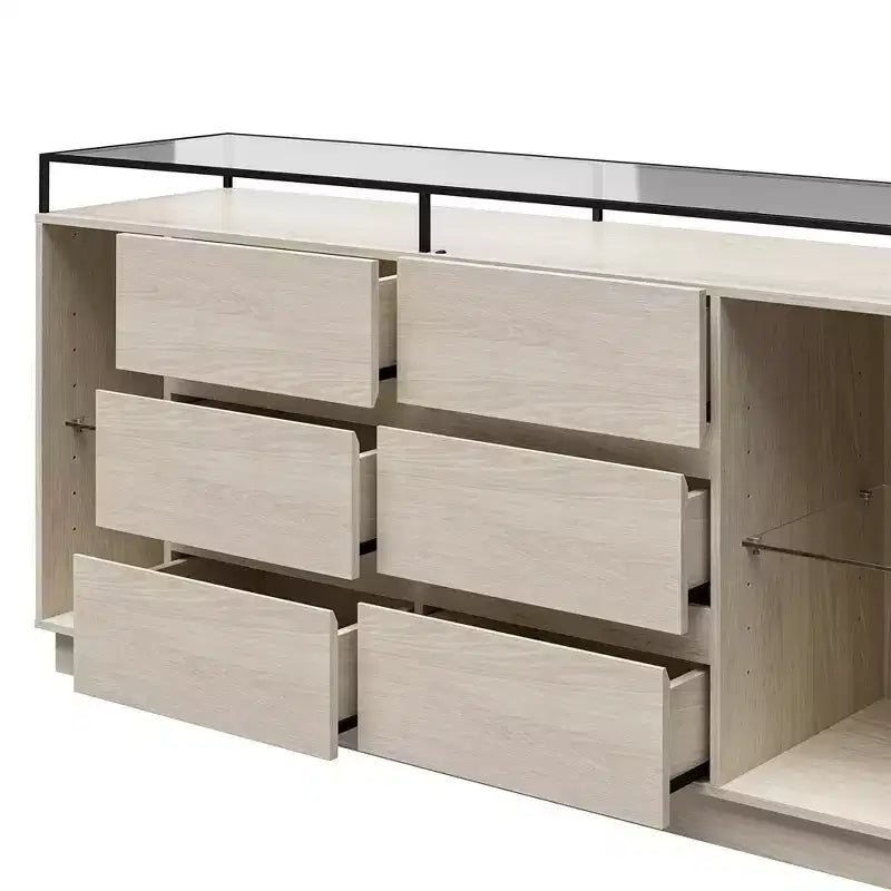 Commode 6 tiroirs Devon RealRooms avec lumières LED et plateau en verre