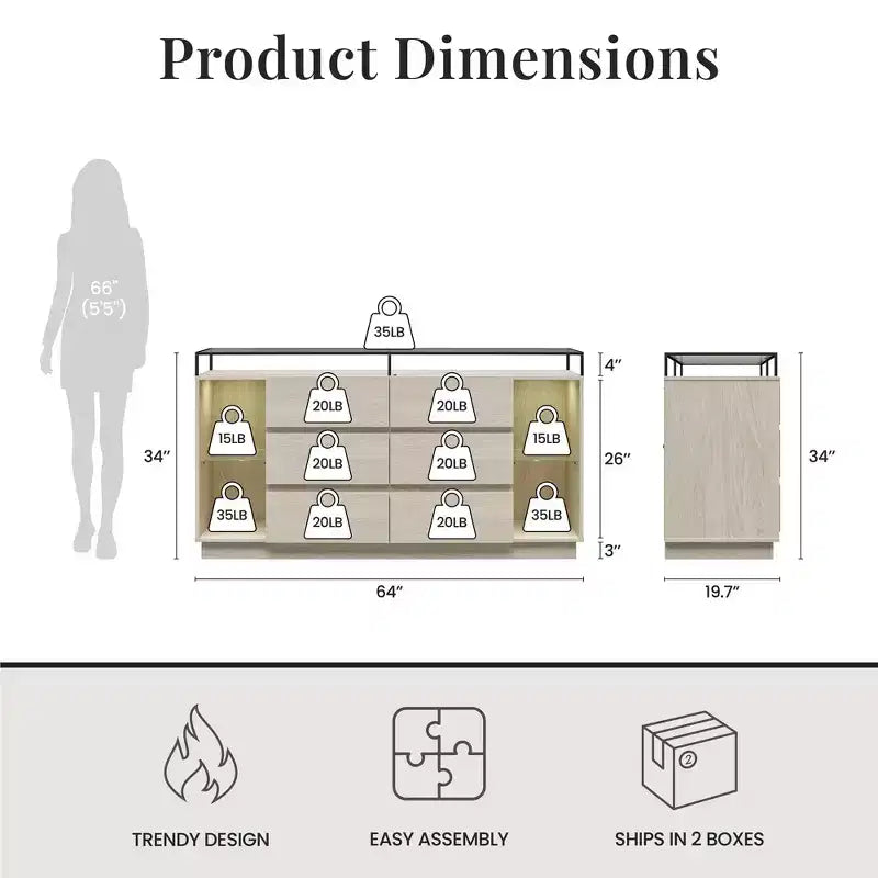 Commode 6 tiroirs Devon RealRooms avec lumières LED et plateau en verre