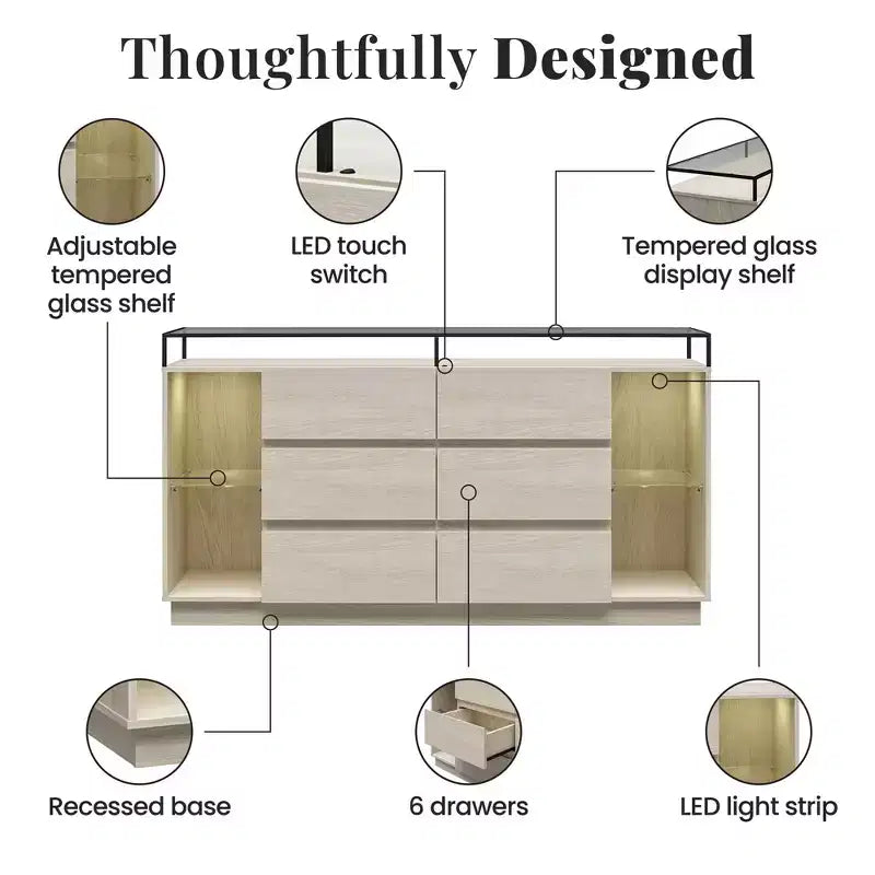 Commode 6 tiroirs Devon RealRooms avec lumières LED et plateau en verre