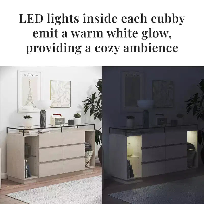 Commode 6 tiroirs Devon RealRooms avec lumières LED et plateau en verre
