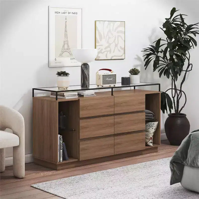 Commode 6 tiroirs Devon RealRooms avec lumières LED et plateau en verre