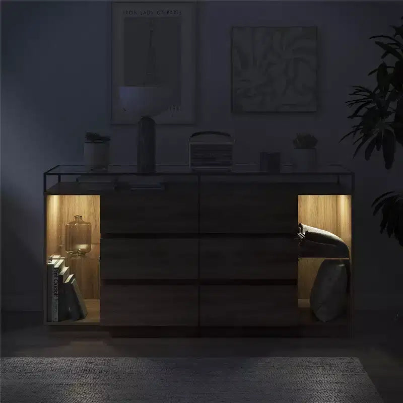 Commode 6 tiroirs Devon RealRooms avec lumières LED et plateau en verre