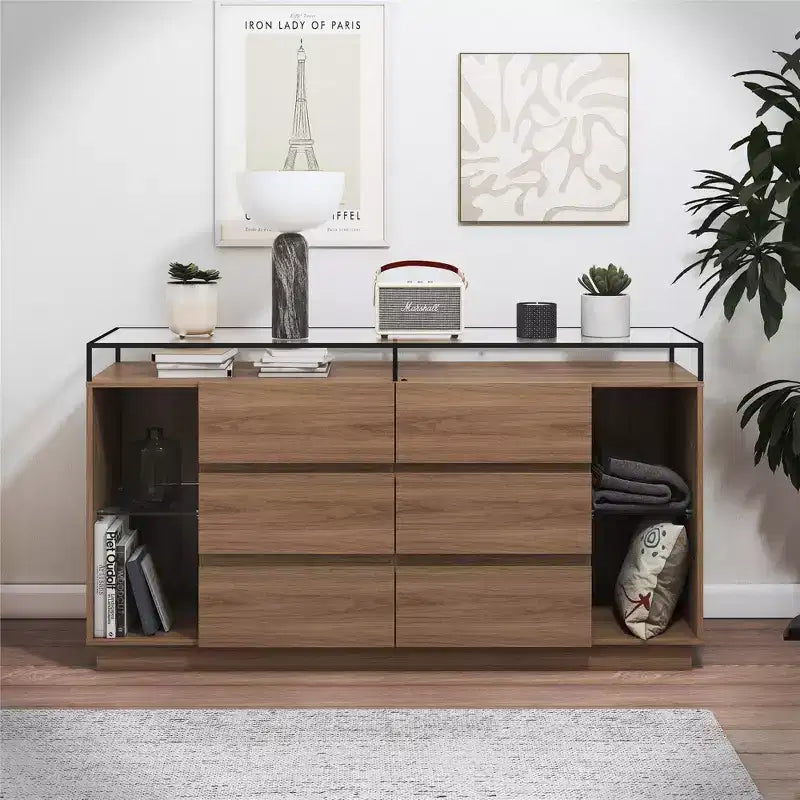 Commode 6 tiroirs Devon RealRooms avec lumières LED et plateau en verre