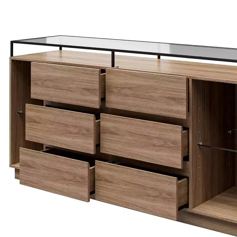 Commode 6 tiroirs Devon RealRooms avec lumières LED et plateau en verre