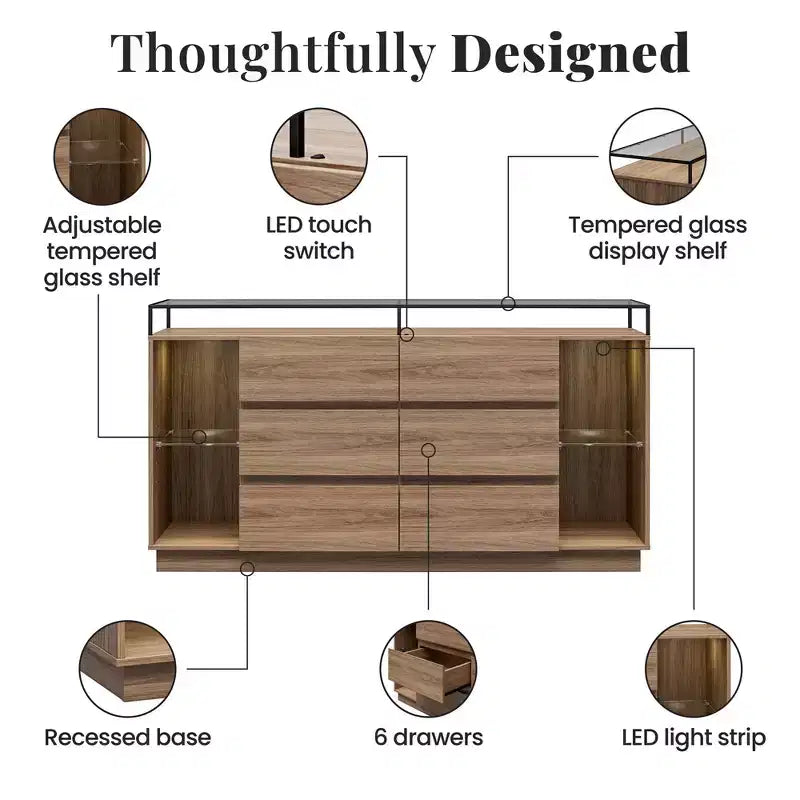 Commode 6 tiroirs Devon RealRooms avec lumières LED et plateau en verre