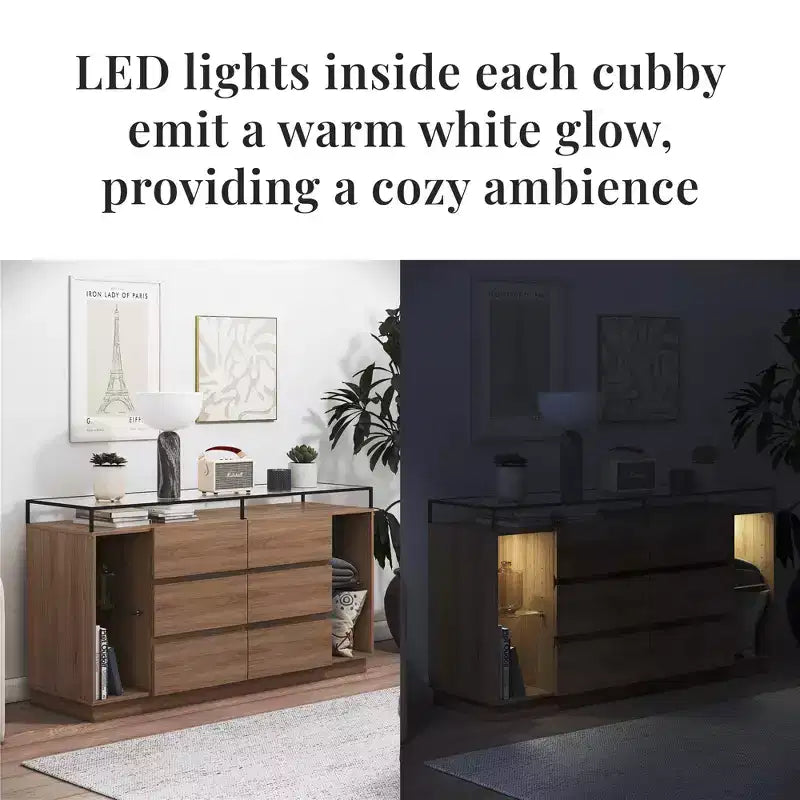 Commode 6 tiroirs Devon RealRooms avec lumières LED et plateau en verre
