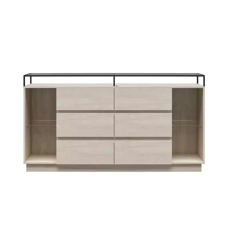 Commode 6 tiroirs Devon RealRooms avec lumières LED et plateau en verre