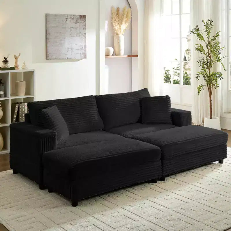 Mjkone Causeuse 2 places en velours côtelé avec pouf de rangement et accoudoir, canapé-lit inclinable rembourré pour l'intérieur