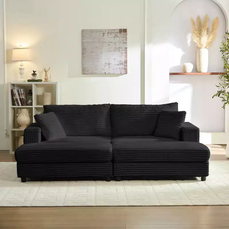 Mjkone Causeuse 2 places en velours côtelé avec pouf de rangement et accoudoir, canapé-lit inclinable rembourré pour l'intérieur