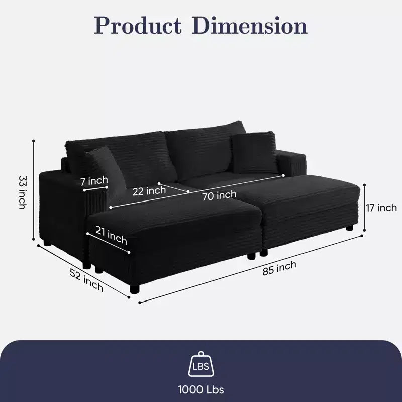Mjkone Causeuse 2 places en velours côtelé avec pouf de rangement et accoudoir, canapé-lit inclinable rembourré pour l'intérieur