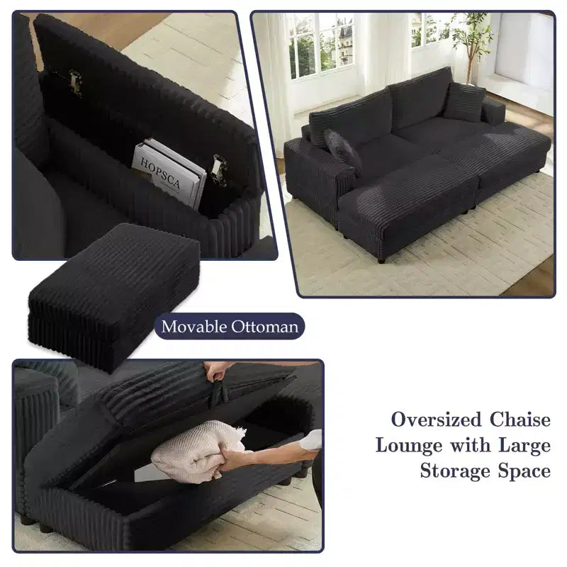Mjkone Causeuse 2 places en velours côtelé avec pouf de rangement et accoudoir, canapé-lit inclinable rembourré pour l'intérieur